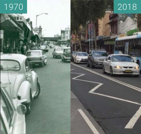 Before-and-after picture of Burwood Road, Burwood between 1970 and 2018