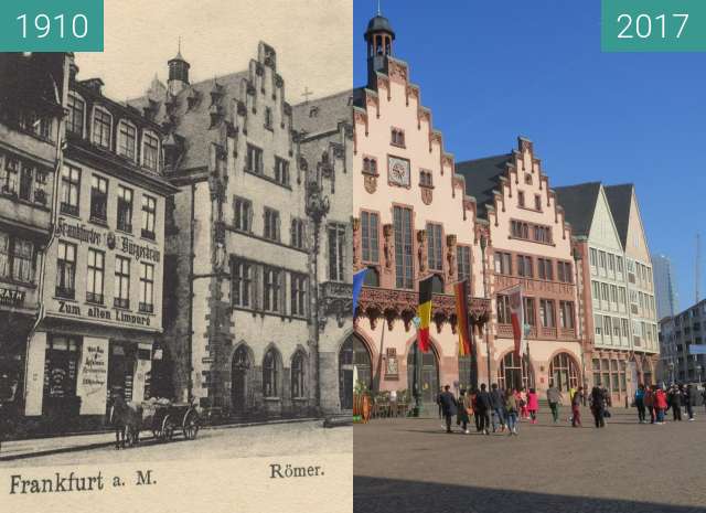 Before-and-after picture of Römerberg between 1910 and 2017-Apr-20