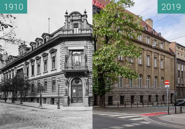 Before-and-after picture of Plac Wolności, ulica Nowowiejskiego between 1910 and 2019-May-23