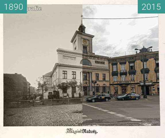 Before-and-after picture of Old city hall in Lodz, Poland between 1890 and 2015