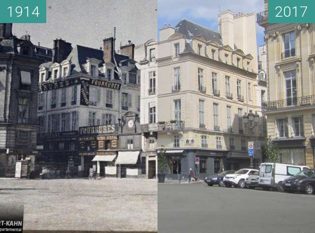 Before-and-after picture of Place des Victoires between 1914-Jun-26 and 2017-Sep-01