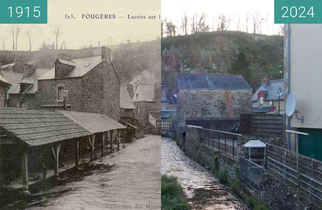 Before-and-after picture of Wash houses on the Nançon between 1915 and 03/2024