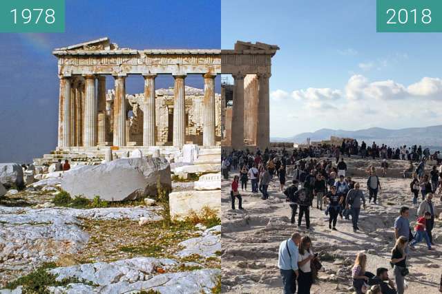 Before-and-after picture of Back view of the Parthenon of the Acropolis between 1978-Apr-01 and 2018-Oct-28