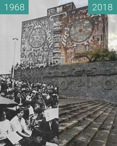 Before-and-after picture of Biblioteca Central UNAM between 1968 and 2018