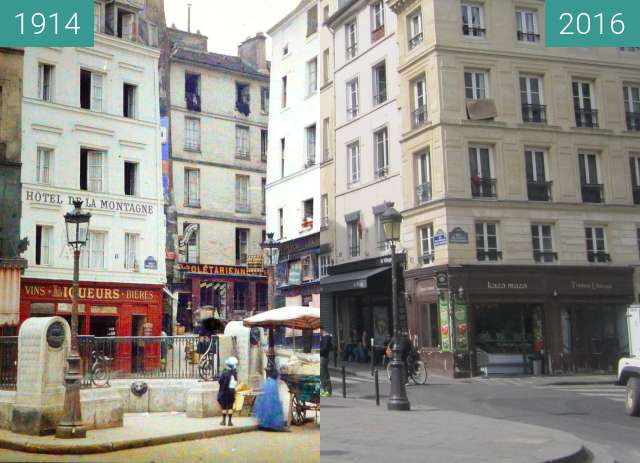 Before-and-after picture of Rue de la Montagne-Sainte-Geneviève between 1914 and 2016-Apr-21