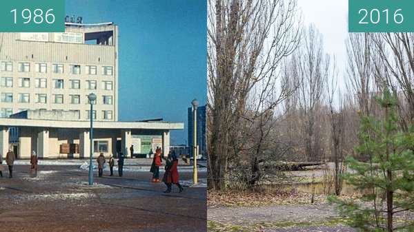 Image avant-après de Pripyat, Rajon Tschornobyl, Ukraine entre 1986 et 2016