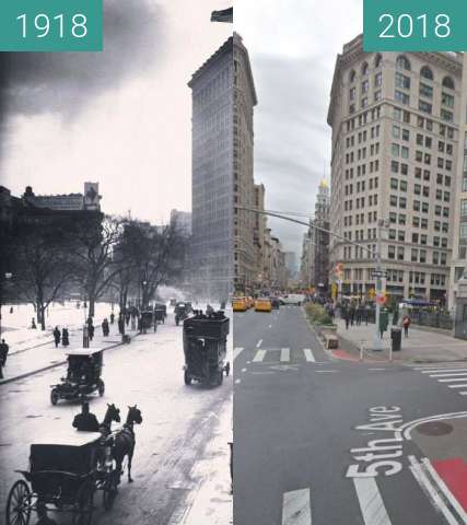 Before-and-after picture of Flatiron Building, New York City between 1918 and 2018-Jul-25