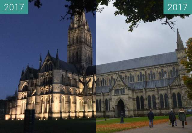 Vorher-Nachher-Bild von Salisbury Cathedral by day and night zwischen 12.10.2017 und 13.10.2017