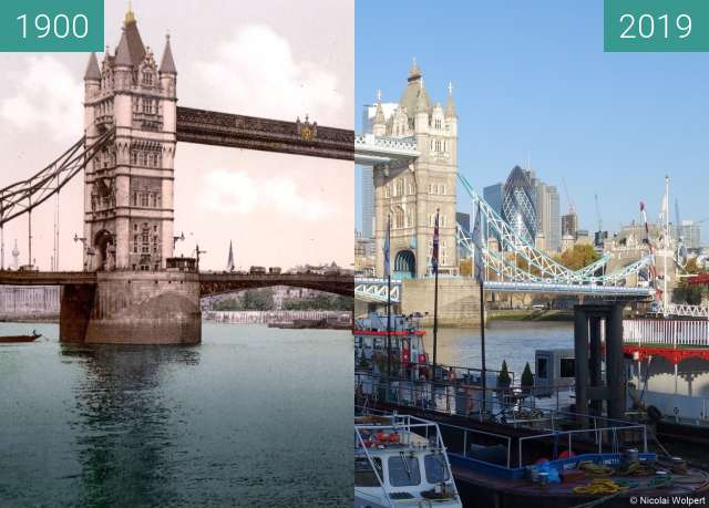 Before-and-after picture of Tower Bridge between 1900 and 2019-Nov-10