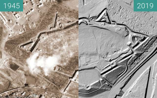 Before-and-after picture of Poznań 1945 - Fort Winiary/Cytadela (LIDAR) between 1945 and 2019