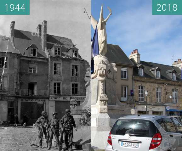 Before-and-after picture of Carentan 1944 - Normandy between 1944-Jun-15 and 2018-May-03