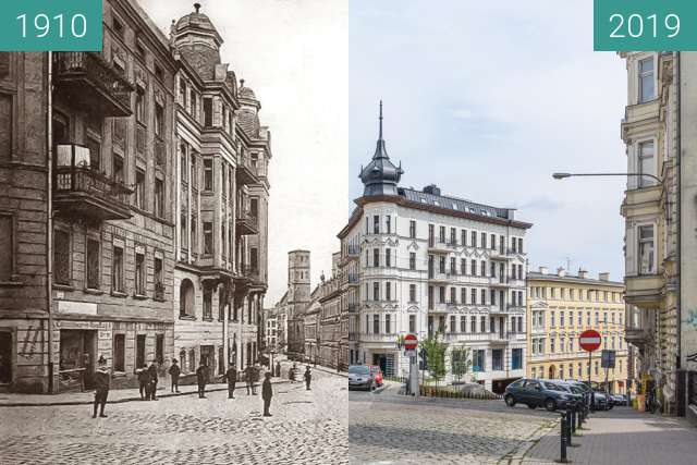 Vorher-Nachher-Bild von Ulice Krysiewicza/Ogrodowa, kamienica "Żelazko" zwischen 1910 und 07.08.2019