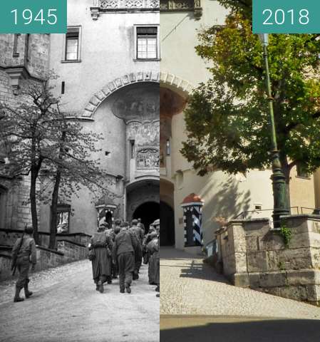 Vorher-Nachher-Bild von Schloss Sigmaringen zwischen 23.04.1945 und 18.09.2018