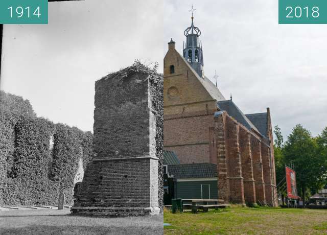 Before-and-after picture of The Ruin Church in Bergen (North Holland) between 1914 and 2018-Aug-15