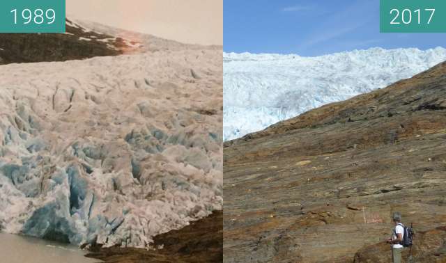 Before-and-after picture of Svartisen gletsjer 1989 en 2017 between 07/1989 and 2017-Jul-25