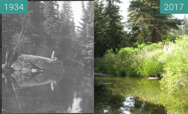 Before-and-after picture of Swimming pond, Boxelder Forks Campground, 1934 between 10/1934 and 2017-Jul-16