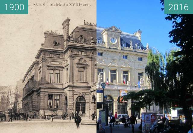 Before-and-after picture of Place Jules Joffrin between 1900 and 2016-Jun-03