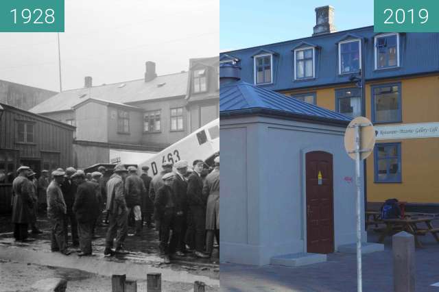 Before-and-after picture of Hafnarstræti 15 between 06/1928 and 2019-May-27