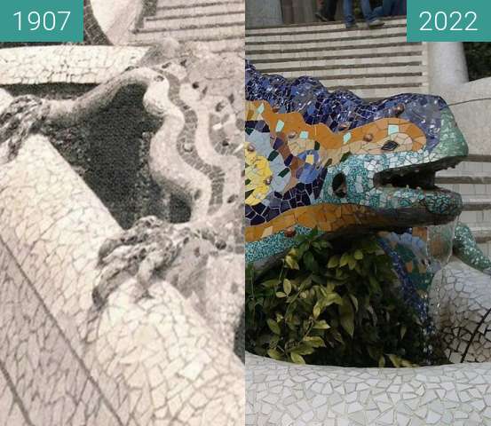 Before-and-after picture of Drac Parc Güell between 1907 and 2022