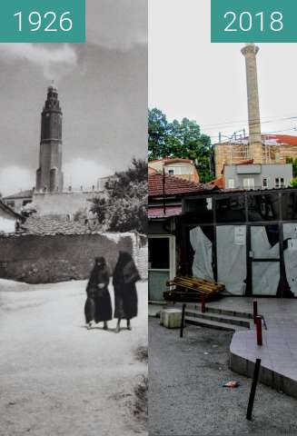 Vorher-Nachher-Bild von Skopje, Sultan Murad Mosque and Saat-Kula zwischen 1926 und 17.06.2018