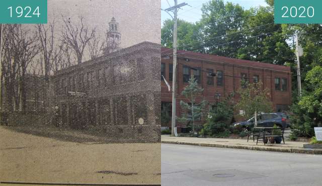 Before-and-after picture of L A Paul Dodge Garage, Belfast, Maine between 1924-Feb-27 and 2020-Sep-01