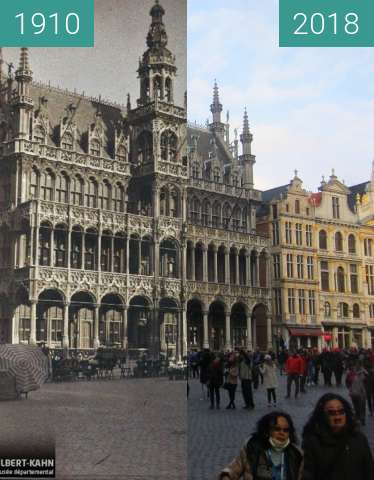 Before-and-after picture of Maison du Roi/Broodhuis between 1910 and 2018-Apr-01