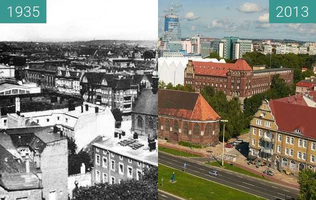 Before-and-after picture of Widok z Zamku/Die Aussicht vom Schloss between 1935 and 2013