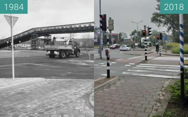 Before-and-after picture of Nieuwe Schermerweg and bailey bridge between 1984 and 2018-May-30