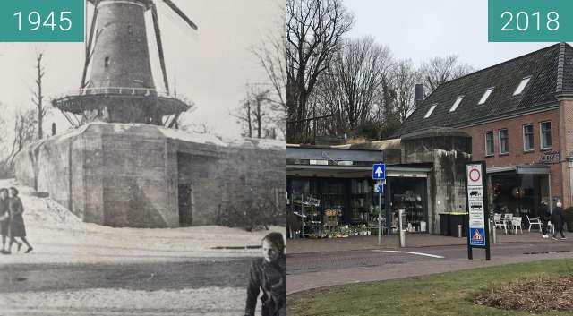 Before-and-after picture of Old bunker Alkmaar Flower shop between 1945 and 2018-Mar-22