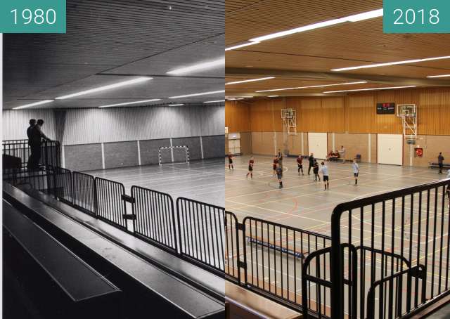 Before-and-after picture of Gym "Hoornse Vaart" in the city Alkmaar between 1980-Nov-25 and 2018-Mar-29