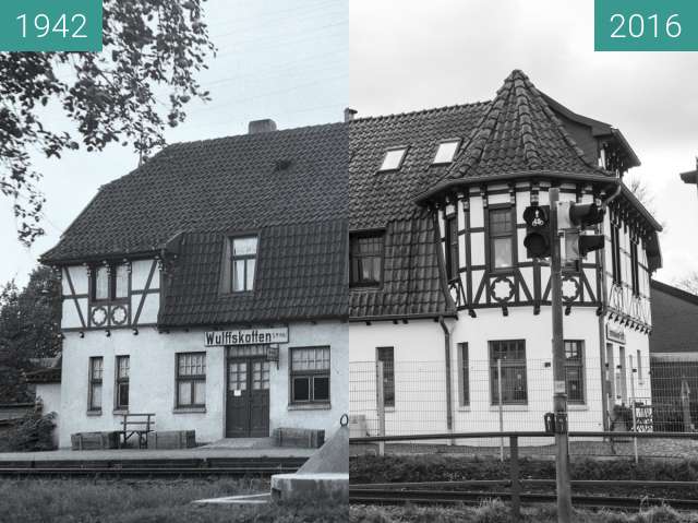 Vorher-Nachher-Bild von Bahnhof Wulffskotten Hasbergen zwischen 1942 und 24.02.2016