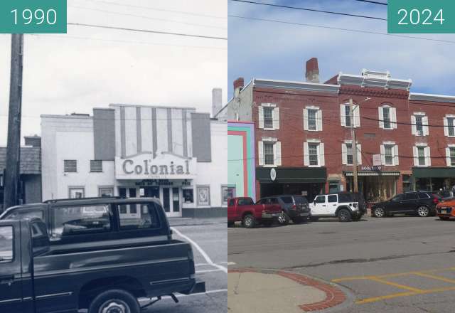 Before-and-after picture of High Street, Colonial Theatre in Belfast, ME between 1990 and 2024-Aug-01