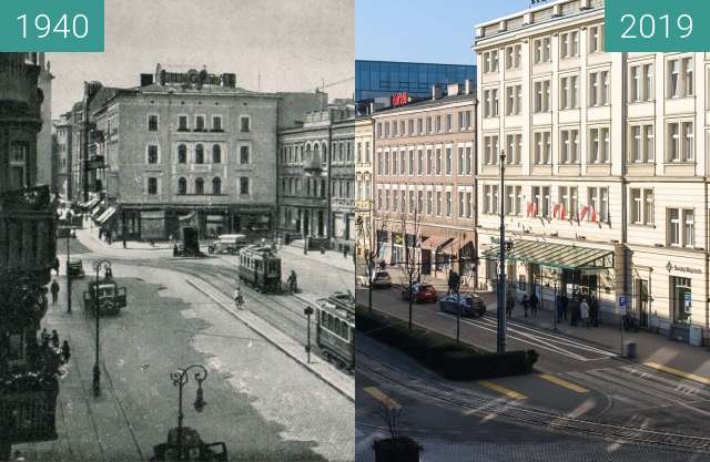 Before-and-after picture of Aleje Marcinkowskiego, hotel Rzymski between 1940 and 2019