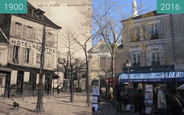 Before-and-after picture of Place du Tertre between 1900 and 2016-Jan-21