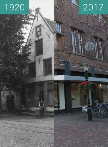 Before-and-after picture of Corner Laat/Ridderstraat between 1920 and 2017-Feb-21