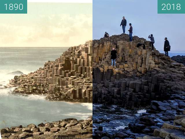 Before-and-after picture of The Honeycomb of Giant's Causeway between 1890 and 2018-Mar-11