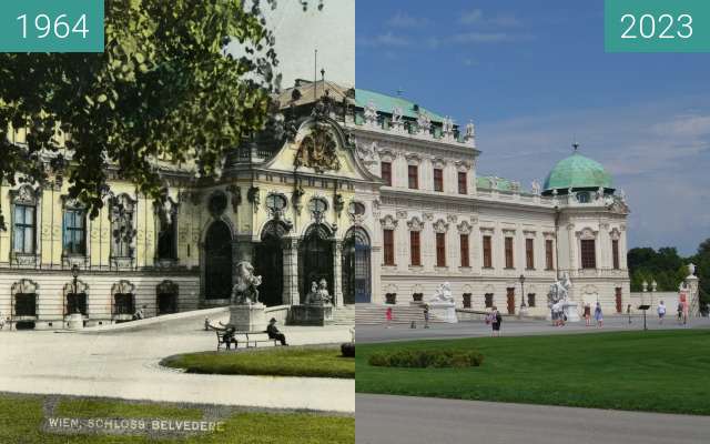 Before-and-after picture of Schloss Belvedere between 1964 and 08/2023