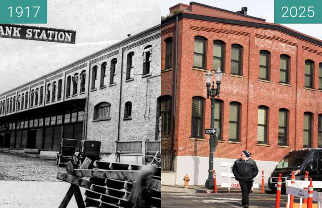 Before-and-after picture of North Bank Passenger Station: 1917 between 1917 and 2025-Feb-04