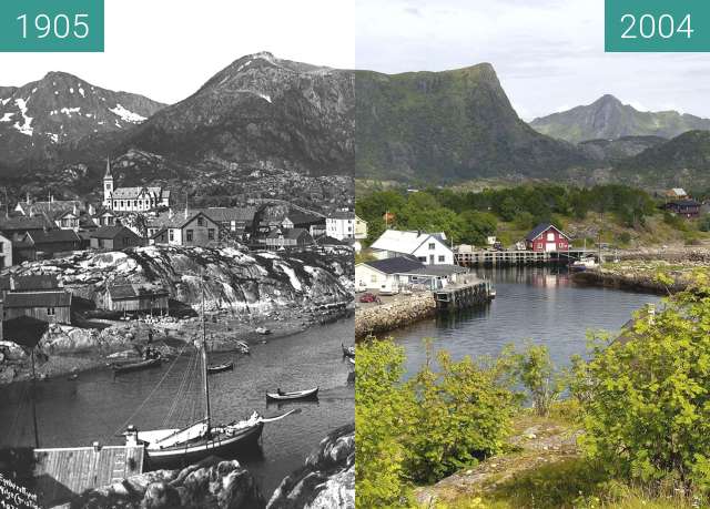 Before-and-after picture of Kabelvåg between 1905 and 2004