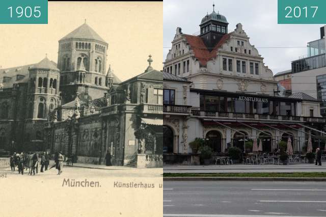 Before-and-after picture of Künstlerhaus München between 1905 and 2017-Oct-07