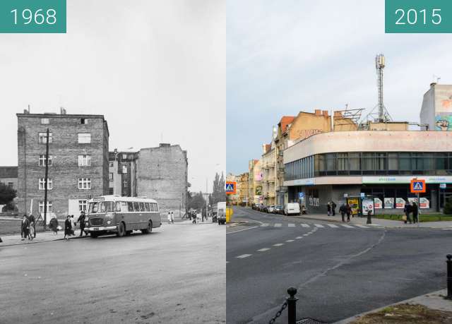 Before-and-after picture of Ulica Kościelna between 1968 and 2015