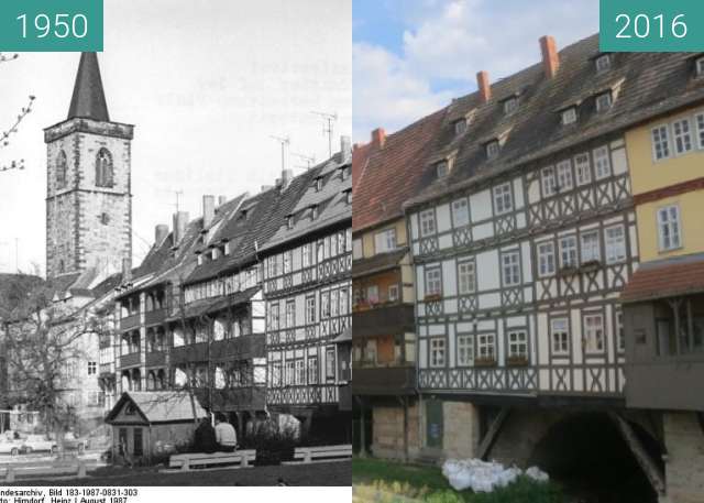 Before-and-after picture of Erfurter Krämerbrücke between 1950 and 2016