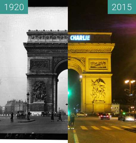 Before-and-after picture of Arc de Triomphe between 1920 and 2015-Jan-10