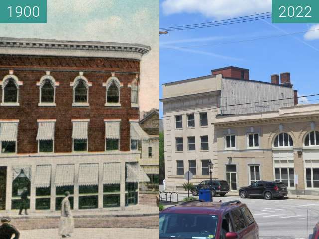 Before-and-after picture of Post Office Square in Belfast Maine between 1900 and 2022