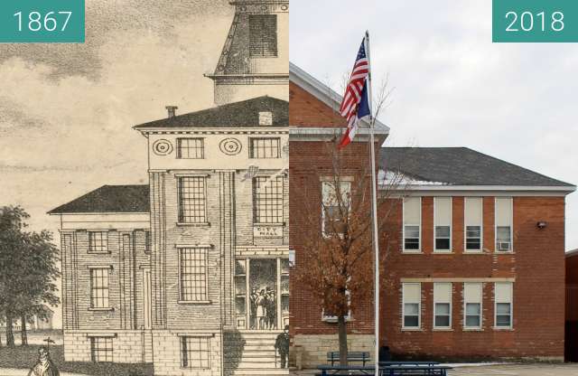 Before-and-after picture of Jackson County Courthouse (Bellevue, Iowa) between 1867 and 2018-Nov-19