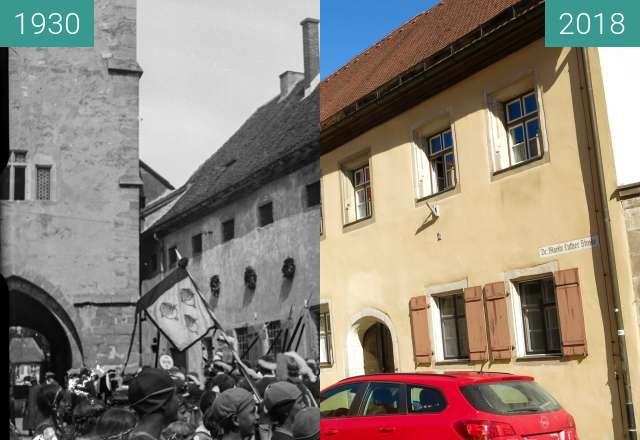 Before-and-after picture of Dinkelsbühl -1920-1940 - Rothenburger Tor between 1930 and 2018-Oct-05