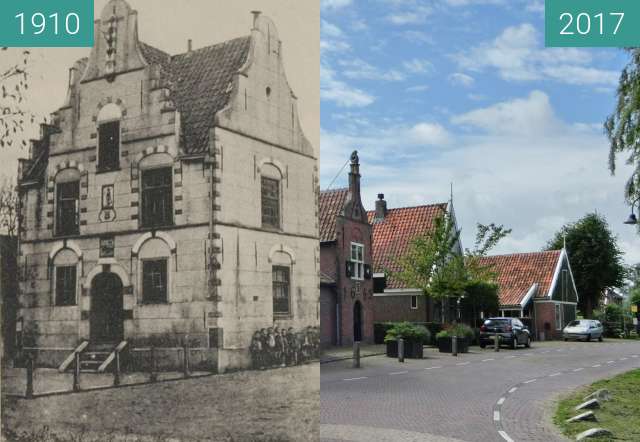 Before-and-after picture of Town hall of Grootschermer between 1910 and 2017-Jul-01