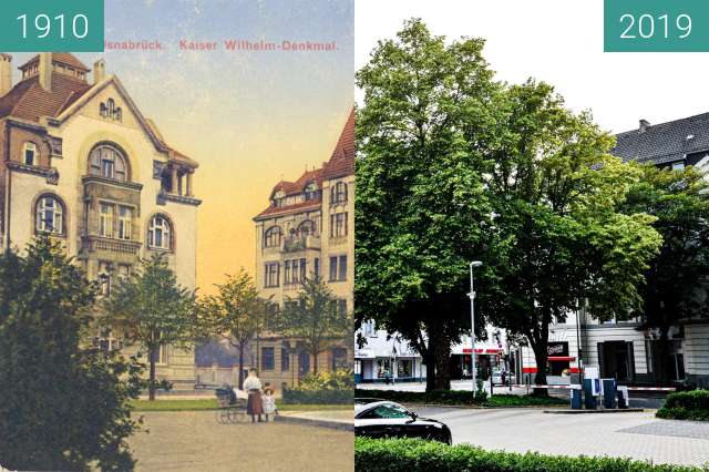 Before-and-after picture of Kaiser-Wilhelm Denkmal between 1910 and 2019-Jun-22