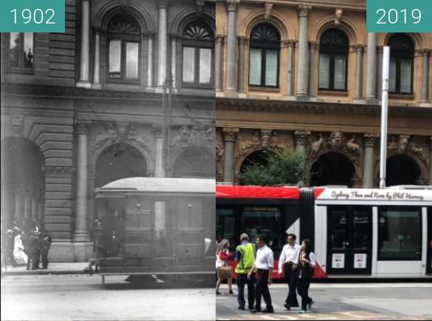 Before-and-after picture of George Street at the GPO between 1902 and 2019