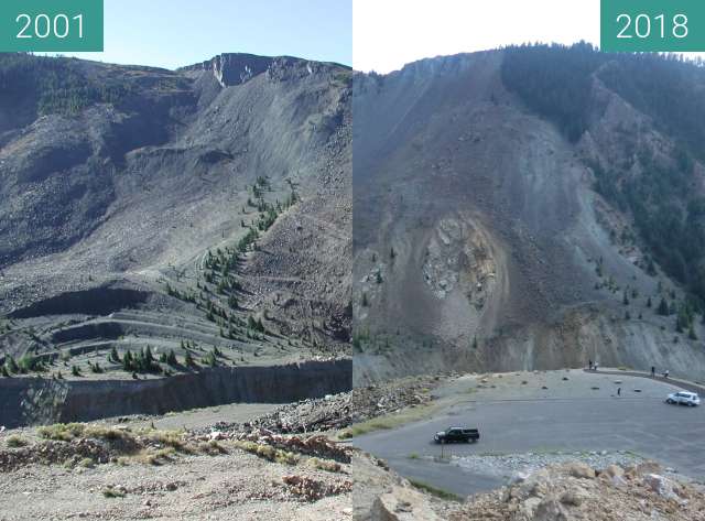 Before-and-after picture of Madison Canyon Landslide 01 between 2001-Sep-09 and 2018-Aug-11